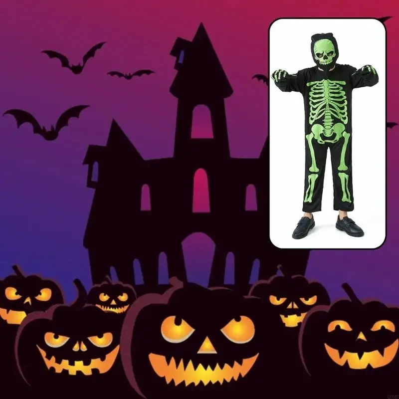 49MF Kids Role Play Jumpsuit Fancy Dress Up Bone Jumpsuit Boy Girl Halloween Costumes Party Cosplay Bodysuit Skeleton Costume