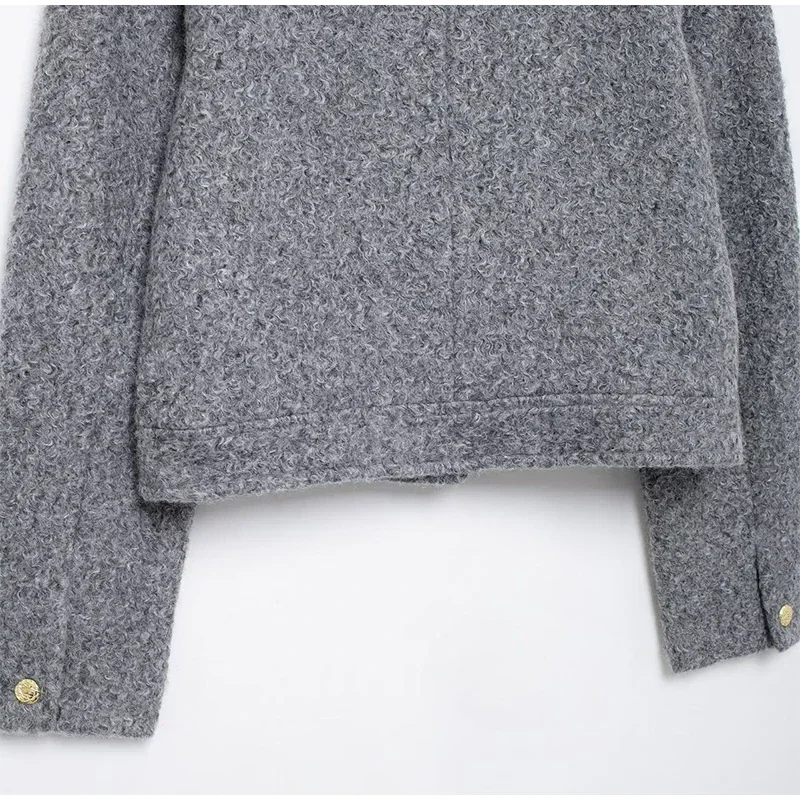 Elegant Woolen Blends Coat For Women O-neck Metal Button Gray Long Sleeve Pockets Jackets Autumn Lady High Street Outwear