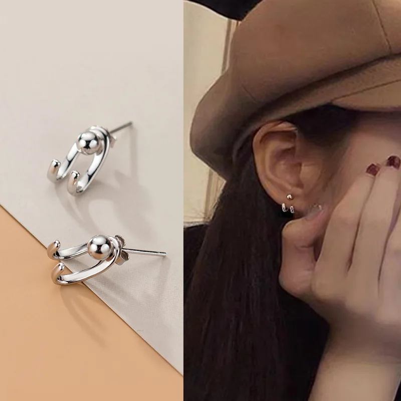 

Men Women Real. 925 Sterling Silve Double Rows half circle Lucky Ball Jacket Ear Earrings Front & Back Jewelry C-G4285