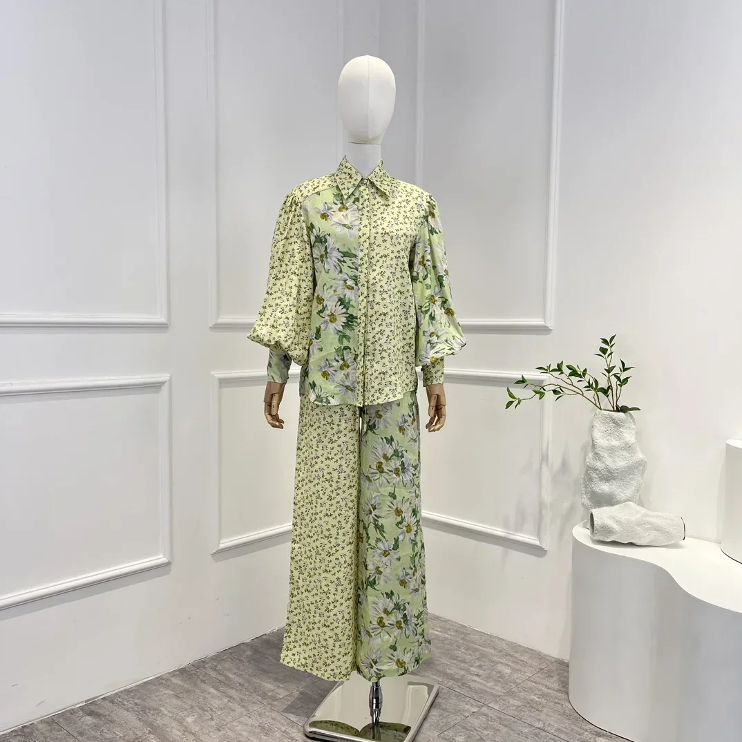 

Daisy Little Floral Printing 2023 Linen New Light Green High Quality Long Sleeve Blouse and Pants Woman Casual Set for Holiday