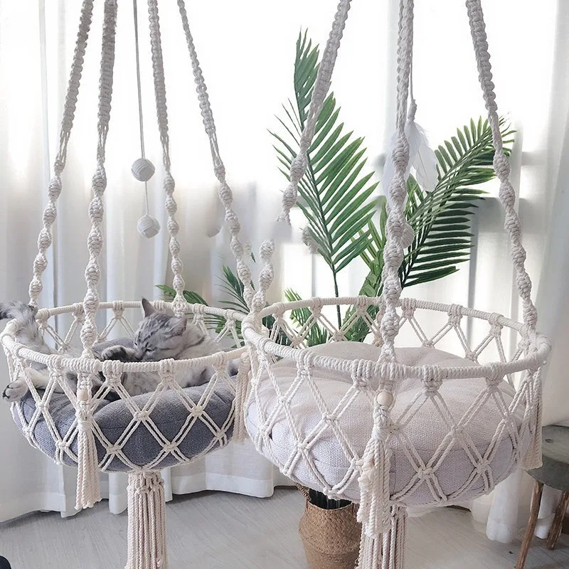 New Pet Hammock Cat Swing Hand Woven Cotton Rope Cats Hanging Basket Kitten Hanging String Den Indoor Pend Nest Pets Supplies 3