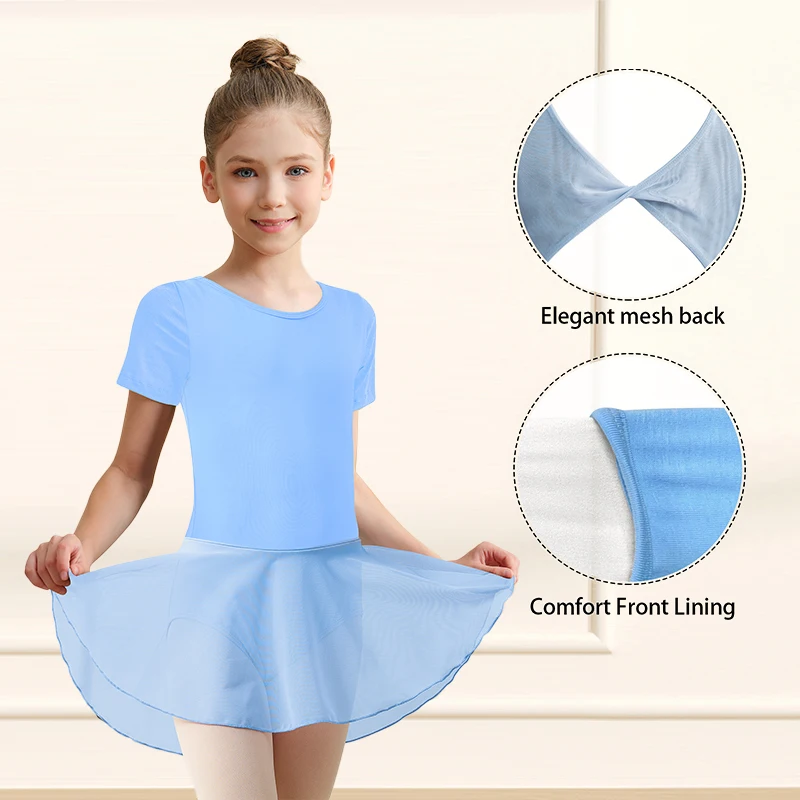 Mädchen Kurzarm-Ballett-Trikot mit Netzrücken und Schleifenknoten, Baumwoll-Tanzkleid für Mädchen – Detail 11