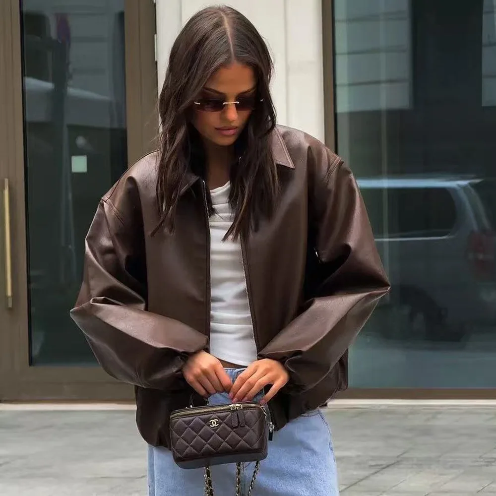 Veste bomber en cuir PU pour femme, à fermeture éclair, col à revers, manches longues, coupe ample, marron, pour l'automne et l'hiver, style streetwear vintage