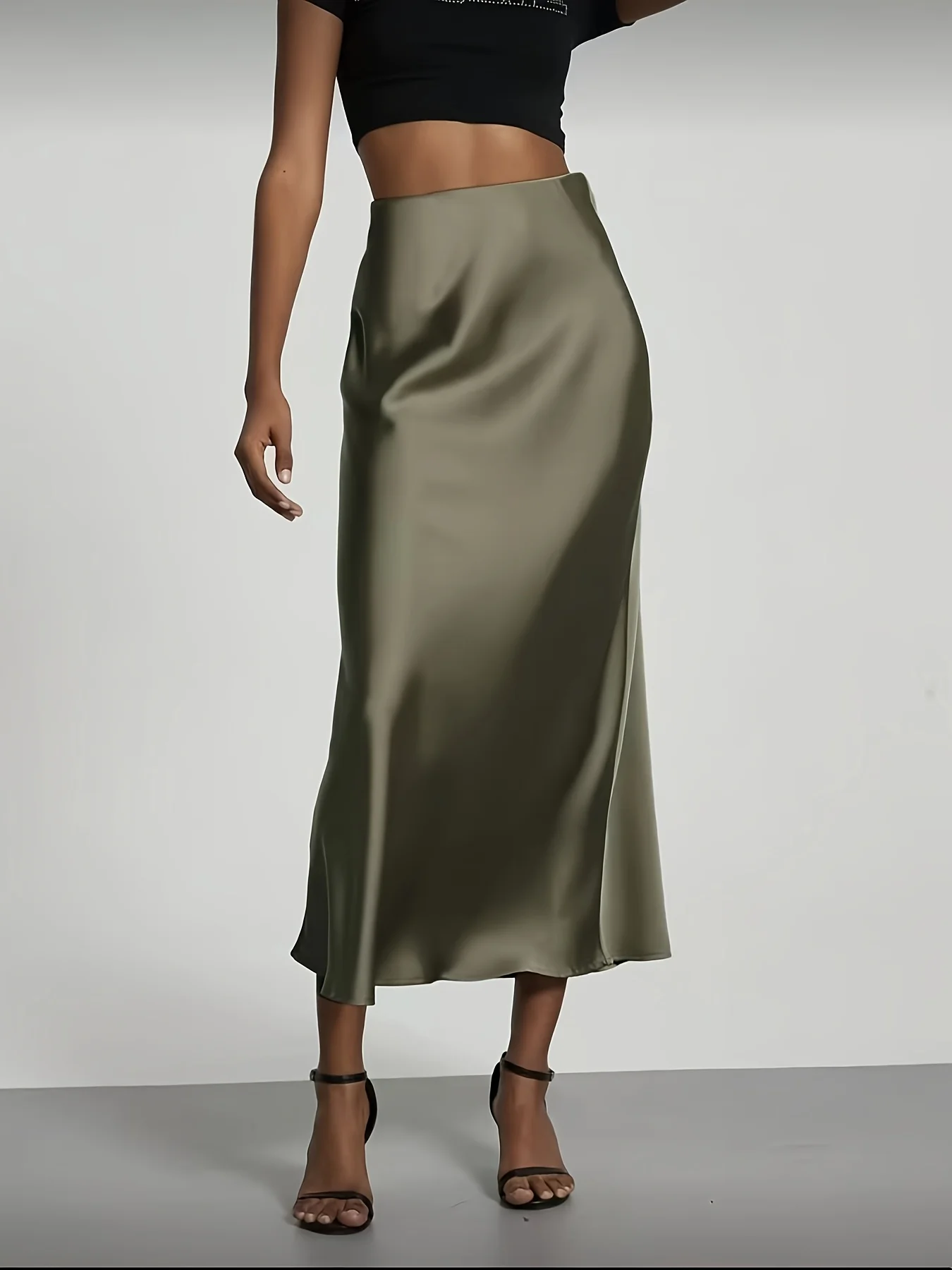 Women's Satin Midi Skirt, High‑waisted Slim Straight, Elegant Draping, Mature Versatile for Commute, Vacation & Parties 6