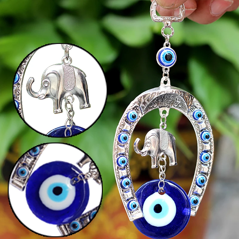 Turkish Blue Glass Eye Amulet Horseshoe With Elephant Ribbon Ethnic Wall Hanging Lucky Pendants Wind Chimes Home Car Decoration wind chimes wall art decor wall hanging pendant crystal wall hanging glass pendant ornament charm decoration