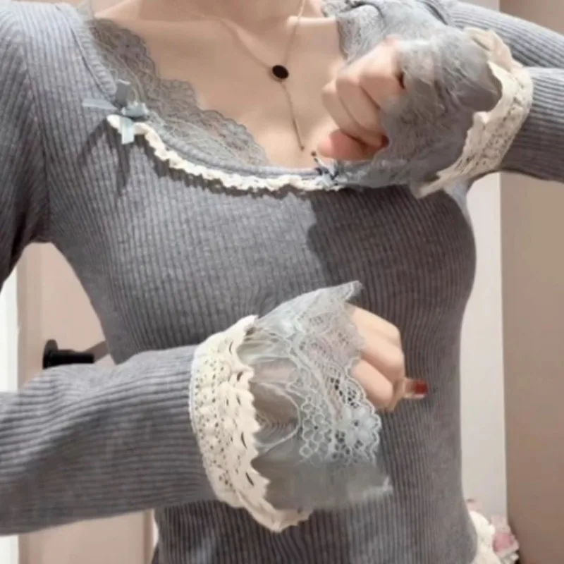Lace T Shirt For Women Plaid Y2k Long Sleeve Tees Bow Solid Top Slim Spring Tshirt Female Korean Fashion Knitted Clothes 2025 4