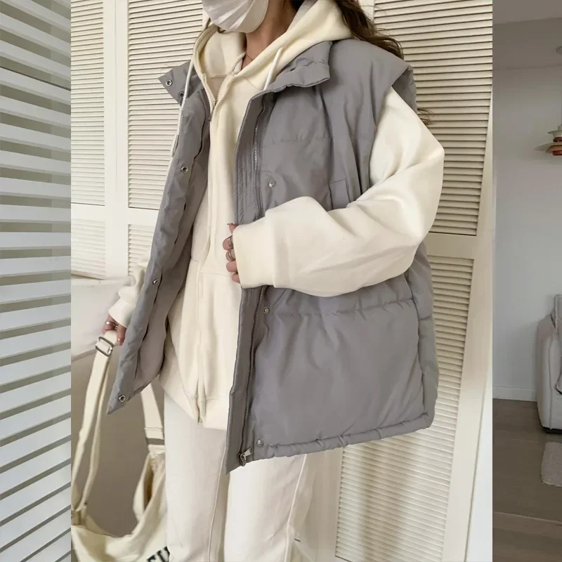 

2023 Women Sleeveless Solid Loose Casual Coats Parkas Vest Korean Autumn Winter Splice Stand Collar Zipper Thick Top Coat