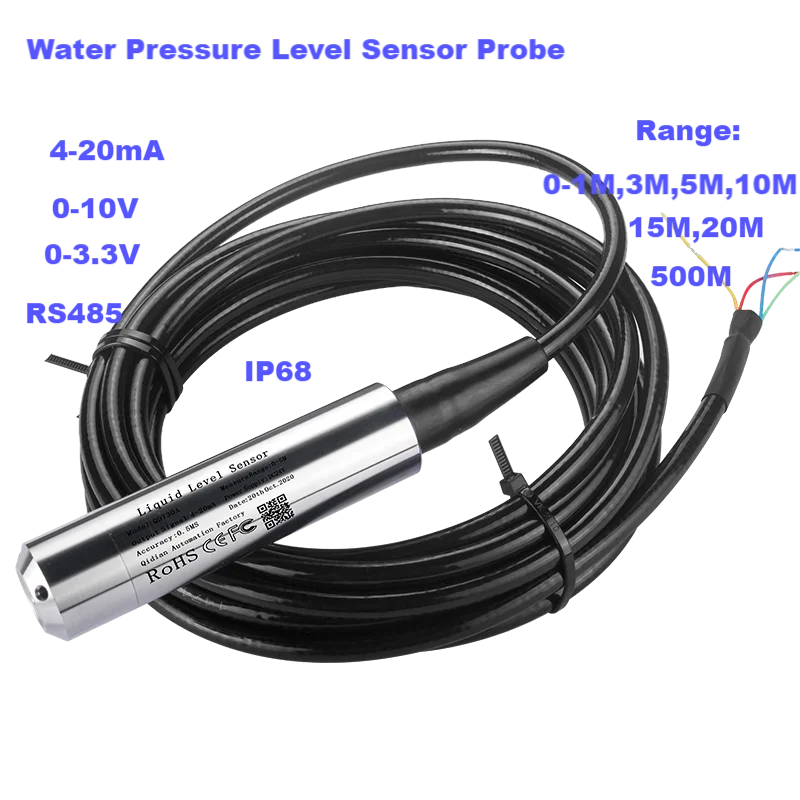 QDY30A 4-20mA 0-10V 0-5V RS485 Dompelwatertank, zender, waterstandsensor voor diepe putten, van roestvrij staal, 1 stuk (4-20 mA output, 8 m bereik, 10 m kabel