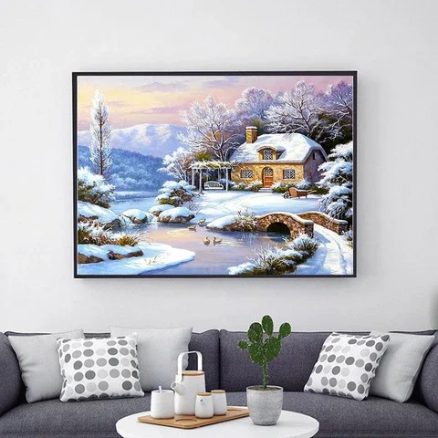 

Snow House Landscape Diamond Painting 5d AZQSD Winter Embroidery Rhinestones Home Decor Gift Needlework Picture