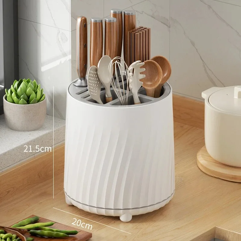 360° Rotatable Knife Holder, Multi-functional Kitchen Storage Rack Drain Basket, Simple Two-color Knife Storage Chopstick Barrel 3