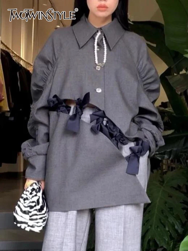 

TWOTWINSTYLE Colorblock Patchwork Bowknot Casual Blouses For Women Lapel Long Sleeve Spliced Single Breasted Blouse Female New