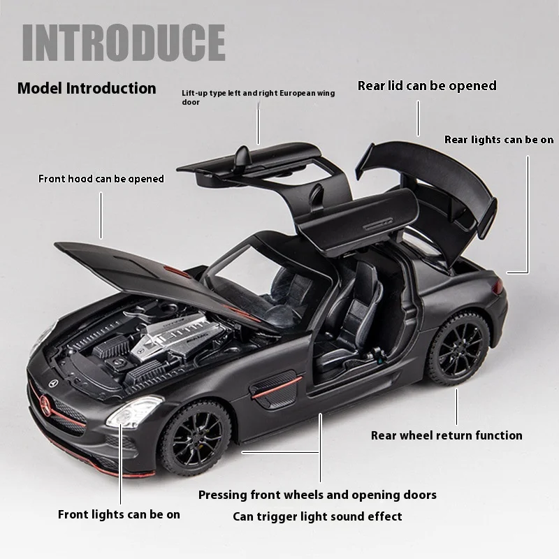 1:32 메르세데스 벤츠 SLS AMG 슈퍼 스포츠카 합금 다이캐스트 모델 자동차 사운드 & 라이트 키즈 어린이 장난감 선물 소년 수집 취미