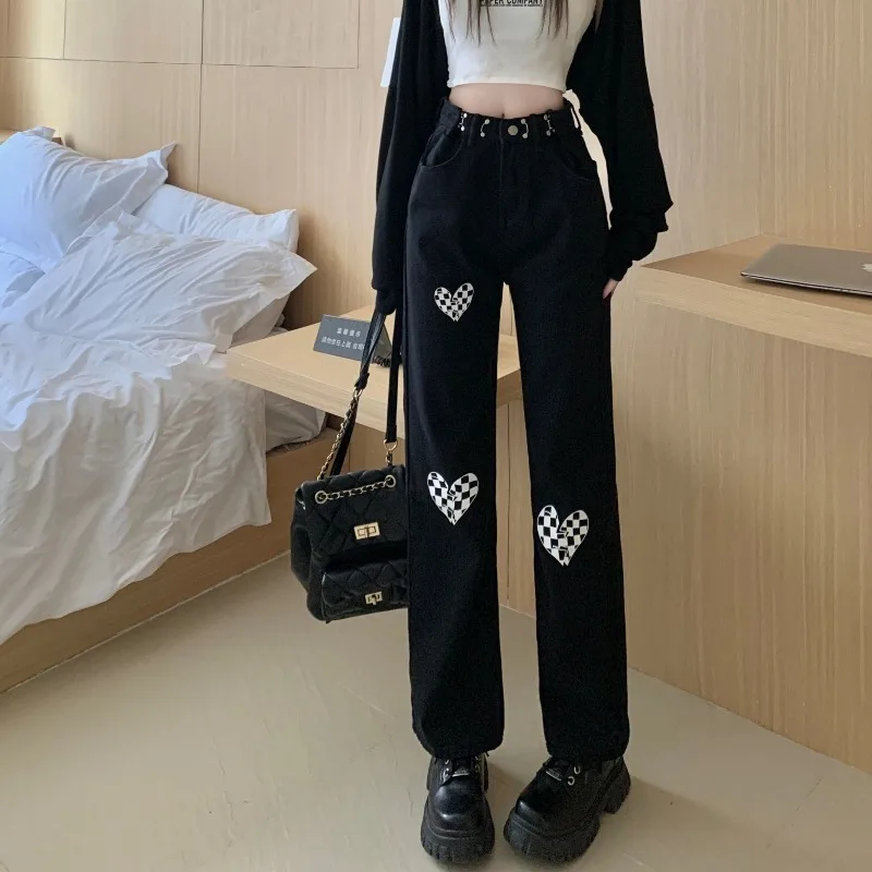 

Women's Vintage Washed Heart Print High Waist Jeans Fashion Harajuku Streetwear Female Wide Leg Denim Trouser Baggy Denim Pants