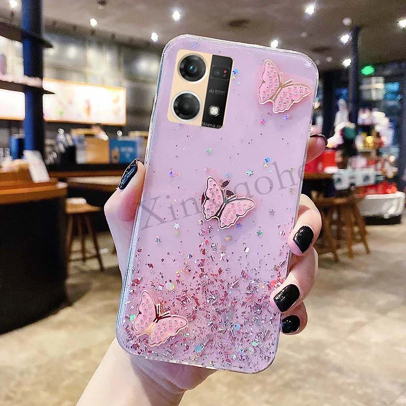 Phone case for OPPO Reno7 4G butterfly Soft Transparent Bling