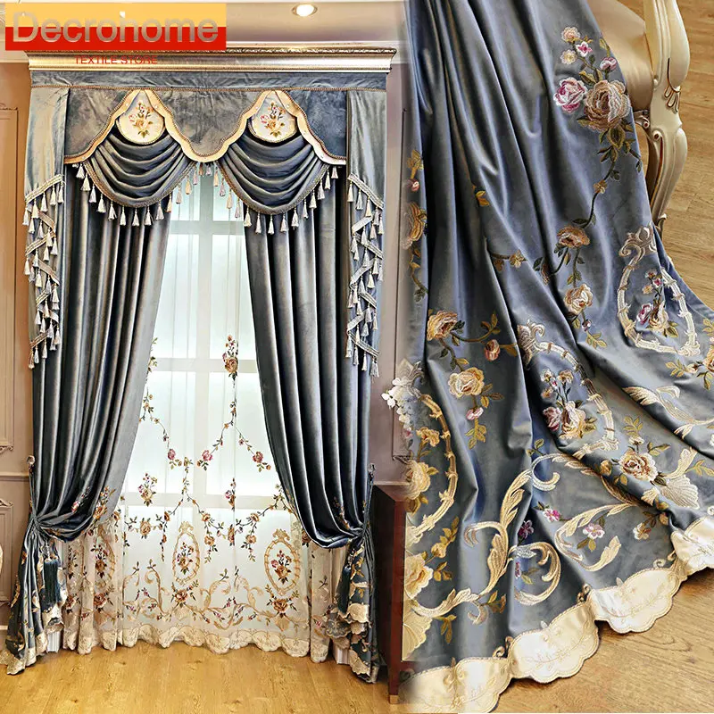 

High Grade Blue and Green Velvet Embroidery Thickened Shading Curtains for Living Room Bedroom Villa High Window Customization