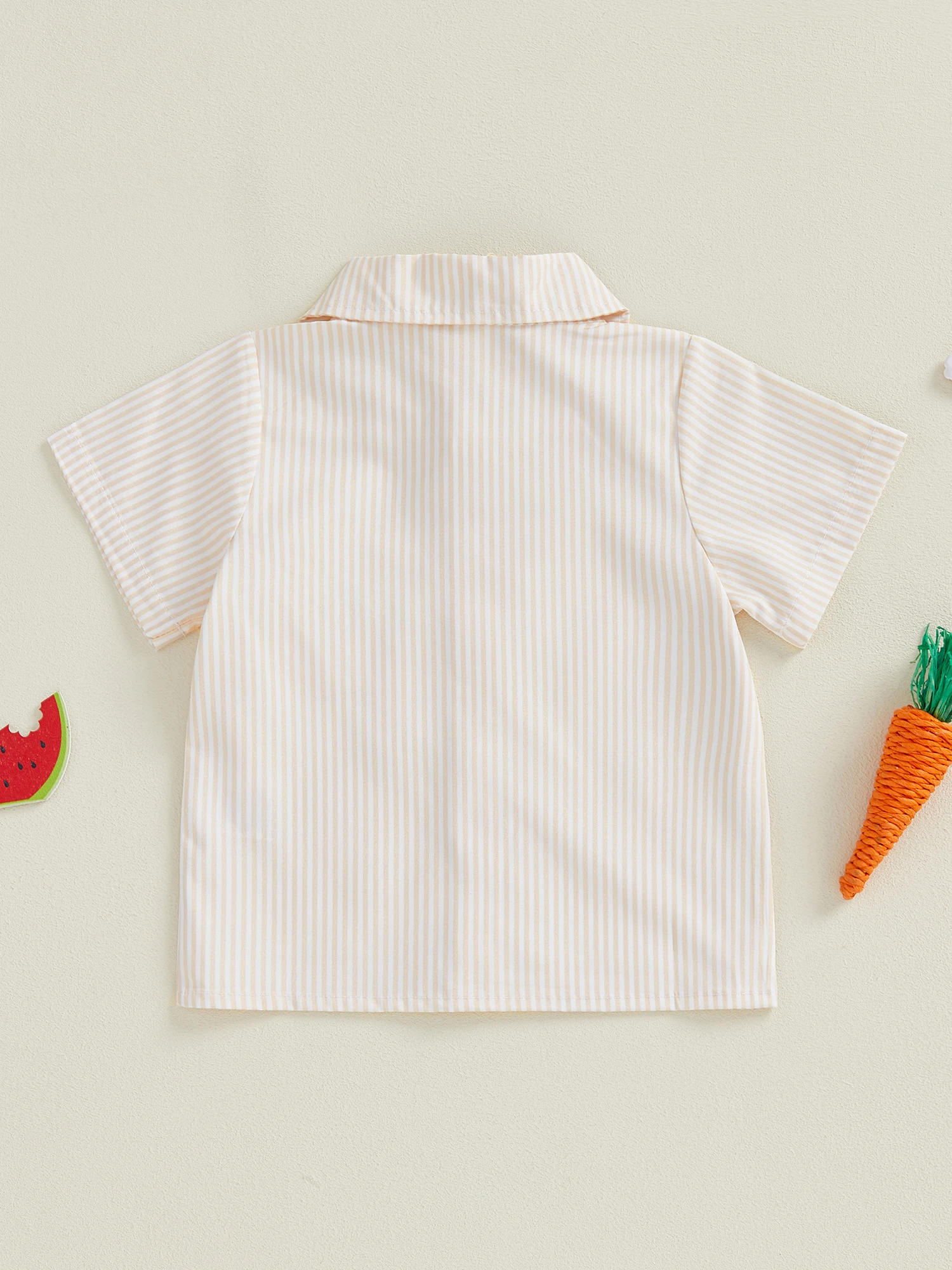 Kids Striped  Shirt with Cute Carrot Embroidery Short Sleeve Button Up Collared Tee for Boys and Girls Summer Top