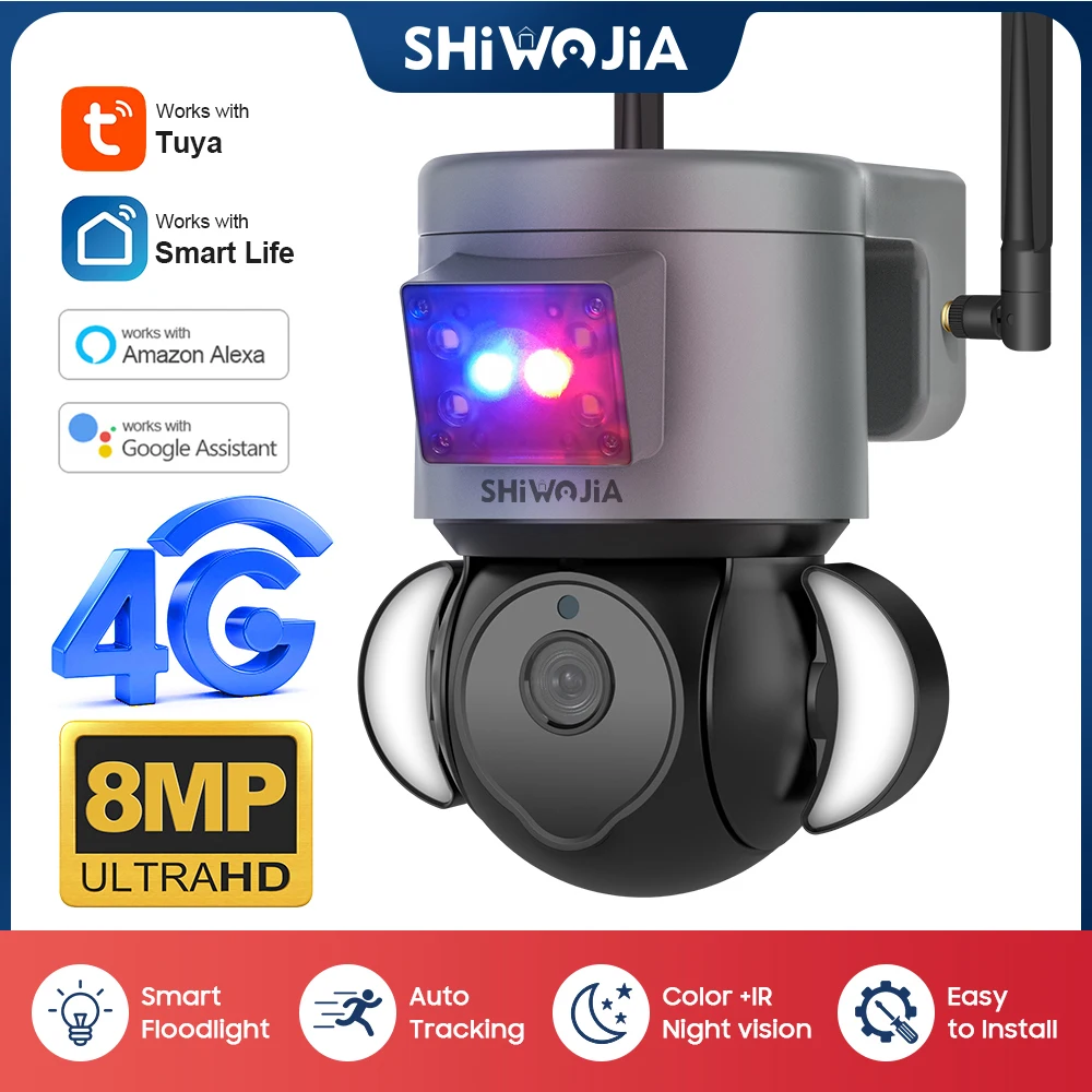 

SHIWOJIA 8MP 4K TUYA Surveillance Camera 4G/ WIFI with Anti-theft Siren Alarm Wireless Outdoor PTZ IP Camera Security Protection