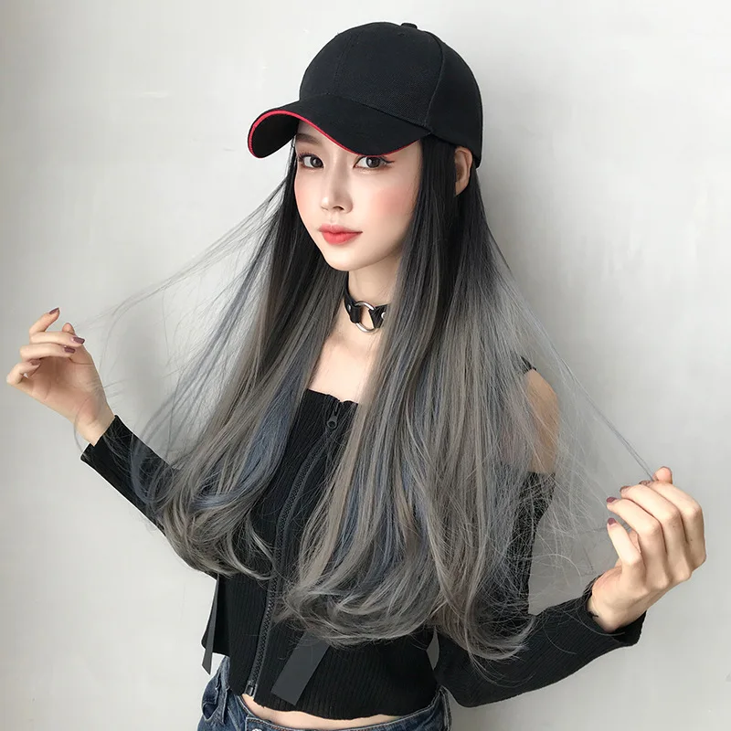 

Synthetic wig trend hat wig integrated gradient highlight dyeing long curly hair duck tongue cap long hair micro curl