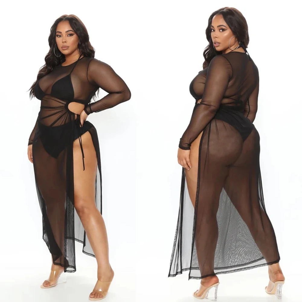 Wmstar Plus Size Women Clothing Dresses Sexy Hollow Out Mesh See Through Fashion Dress New Wholesale Dropshipping