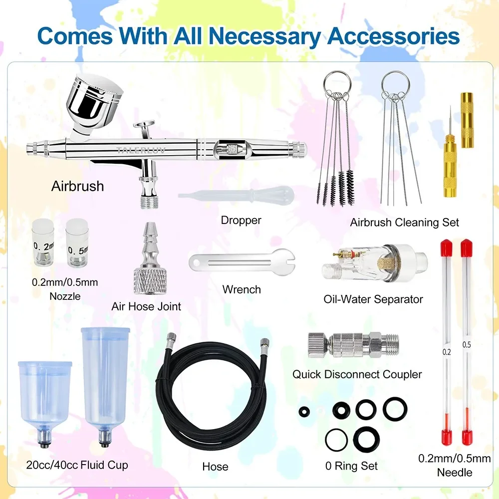Airbrush Kit Dual-Action Gravity Airbrush Spray Gun with 0.2/0.3/0.5mm Needles Set 7cc/20cc/40cc Cup Air Hose and Cleaning Kit 2