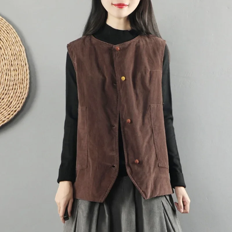 

Women Corduroy Vests Vintage Coats 2020 Autumn New Plate Buttons Sleeveless Pockets Solid Color Warm Casual Women Vests 11860