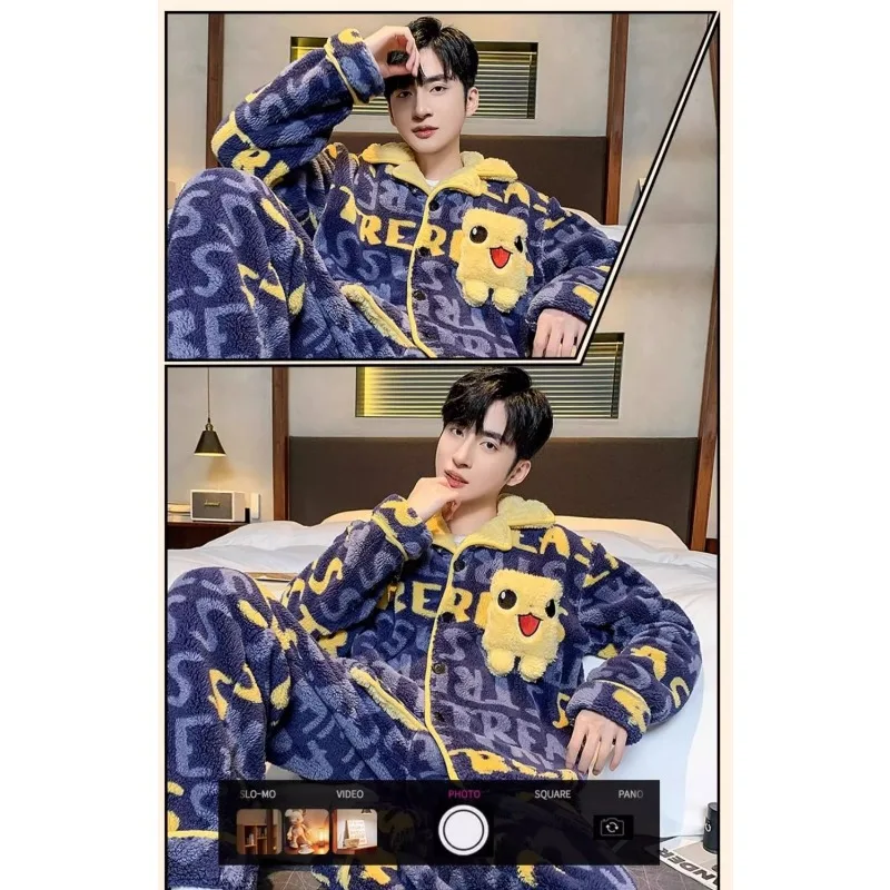 2024 New Men Pajamas Winter Coral Fleece Thickened Fleece Large Size Nightclothes Suit Flannel Teenagers Casual Warm Loungewear
