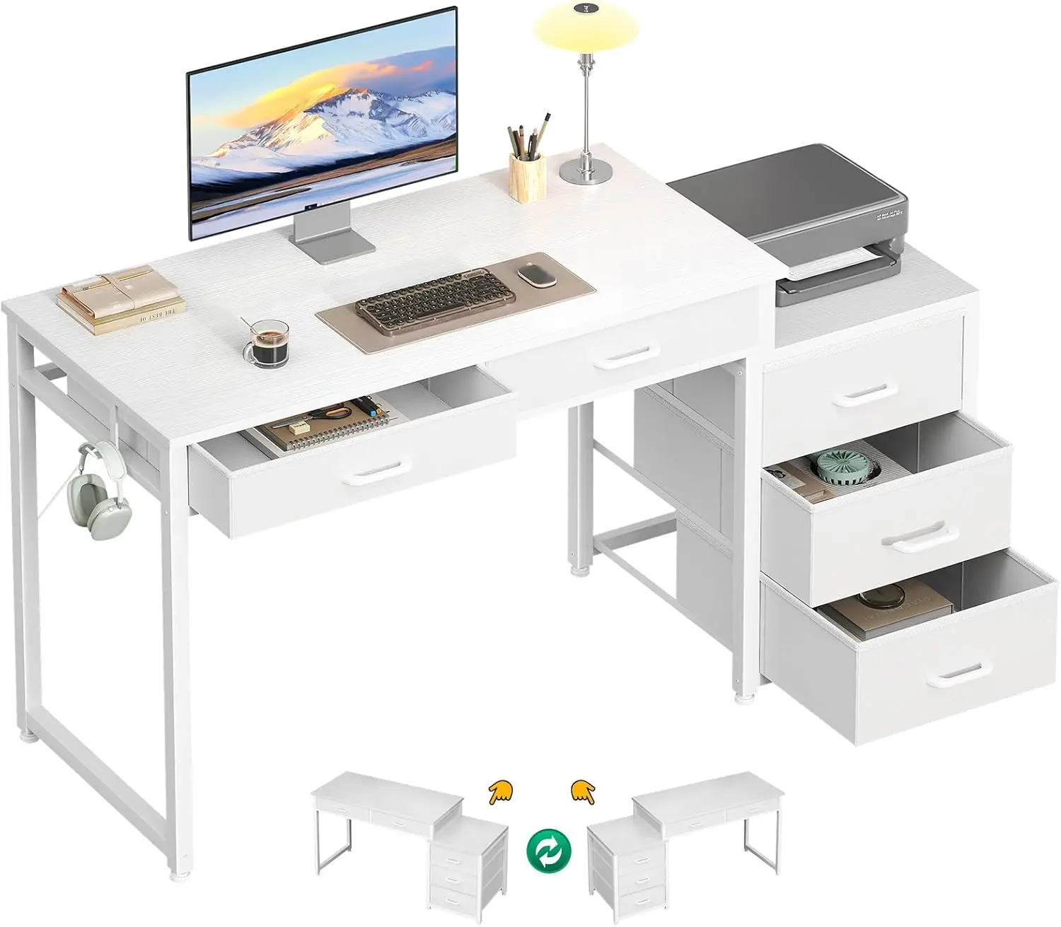 53 Inch White Computer Desk 5 Drawers Kids Study Desk Vanity Table for Girls Dressing Room Bedroom Home Office ODK