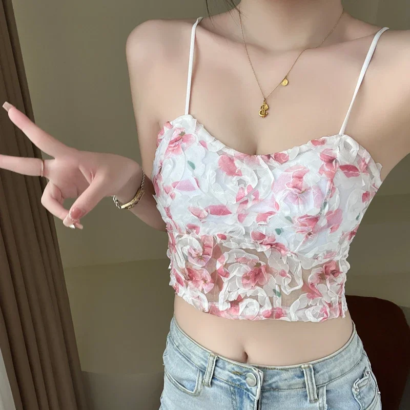

New Lace Crop Top Women Rose Floral Bra Mesh Tube Top Beauty Back Bra Seamless Cami with Chest Pads Sexy Tank Top Sweet Lingerie