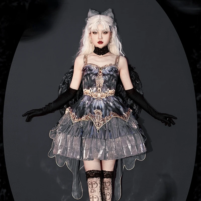 Japanese Victorian Vintage Lolita Halter Dress Women Gothic Style Harajuku Y2k Grey Layered Cake Dresses Girls Kawaii Cute Dress lolita dress lolita cosplay costumes