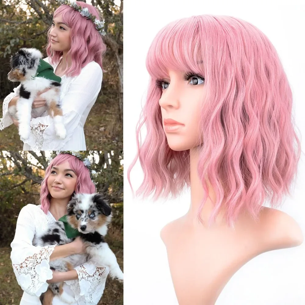 

Pastel Wavy Wig With Air Bangs Women's Short Bob Purple Pink Curly Shoulder Length Bob Synthetic Daily Use Colorful Cosplay Wig