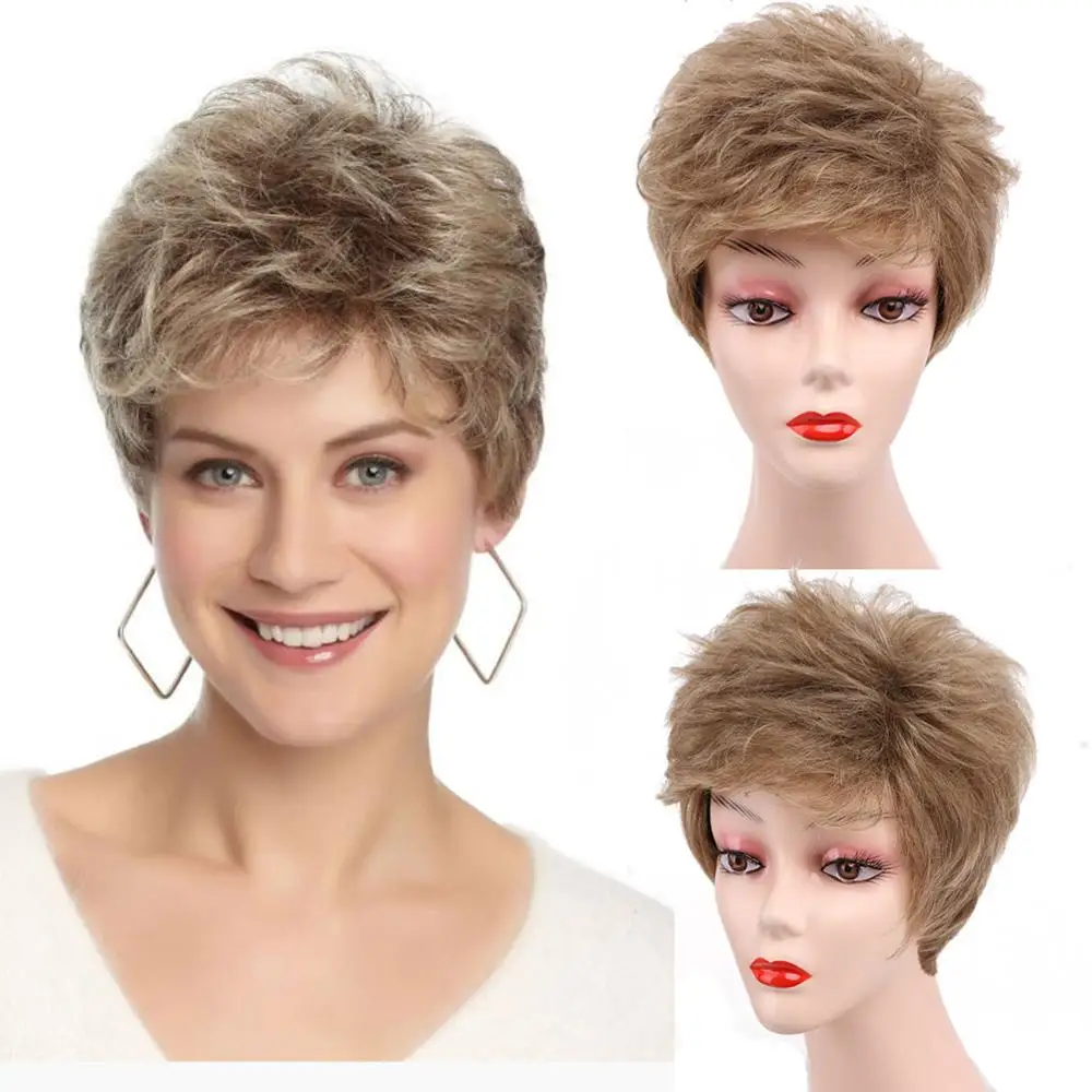 Amir Short Blonde Synthetic Wigs For Women Pixie Hair Cut Puffy Natural Staight Wig Free Side Part Bangs Cosplay | Шиньоны и парики