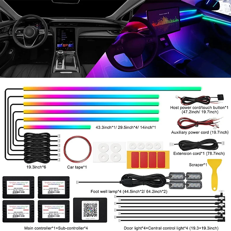 

22/18 in 1 Symphony Car Acrylic Ambient Lights RGB Universal LED Strip Interior Neon Streamer Rainbow Lamp Kit APP Comtrol