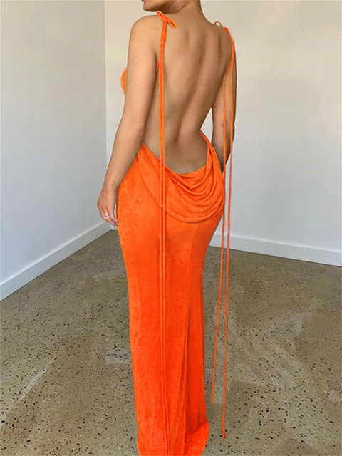 Backless Maxi Dress Sexy Orange Spaghetti Strap Slim Dress 1