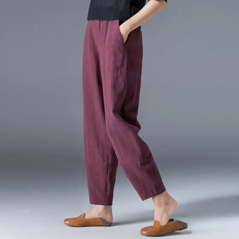 2024 New Summer Minimalist Casual Fashion Retro High Waisted Pocket Loose Cotton Linen Nine Point Radish Pants for Women