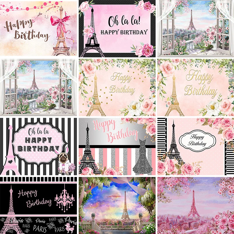 

Mocsicka Happy Birthday Paris Eiffel Tower Flowers Girls Custom Photography Backdrops Baby Newborn Backgrounds Decoration Props