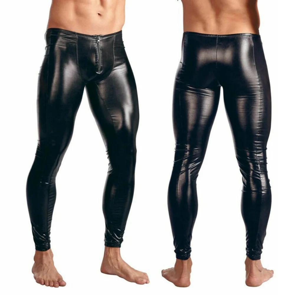 Mens Erotic Temptation Trousers Sexy U Convex Pouch Zip Open Trousers Tight Leggings Club Slim Stretch Wet Look PU Leather Pants