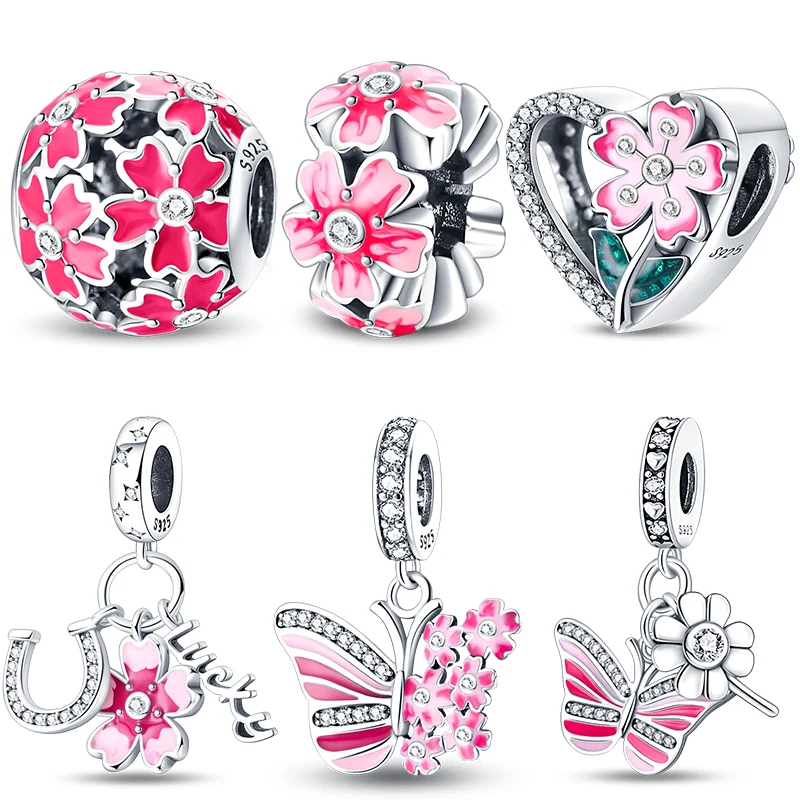 Fit Pandora 925 Original Bracelet Charms Real 925 Silver Pink Butterfly Cherry Blossom Series Charm Beads Fit DIY Jewelry Making