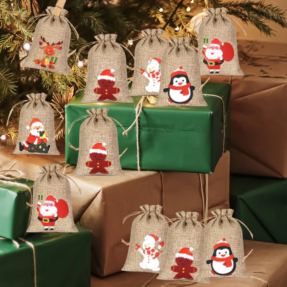 24pcs/set DIY Christmas Advent Calendar Gift Bags 24 Days Christmas Advent Calendar Bags Cloth 24 Days Countdown Set Candy Bag