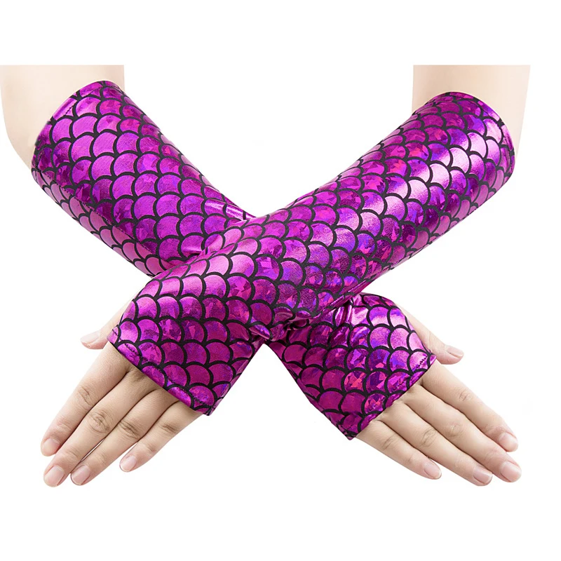 SNBUHA Zeemeerminhandschoenen, vingerloze zeemeermin, armwarmers, visschubben, lange armwarmers voor cosplay, carnaval, party, Halloween, kostuum, lichtblauw
