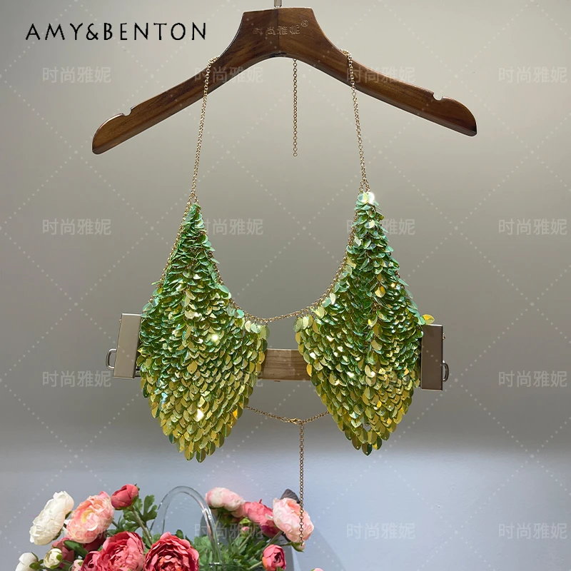

Fashion Camisoles Butterfly-Shaped Wrapped Chest Nightclub Performance Tube Top Halter Spaghetti Straps Body Chain Sequined Tops