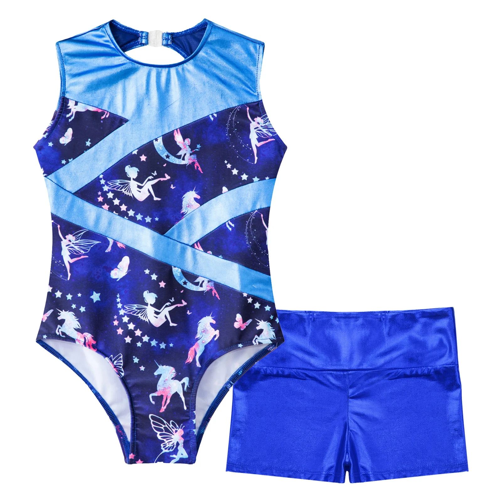 Alvivi Turnpakje voor meisjes, glitter, met korte broek, haarband, lange mouwen, gymnastiekbody, turnshirt, gymnastiekkleding, danskostuum, zeeblauw en zwart, 146-152