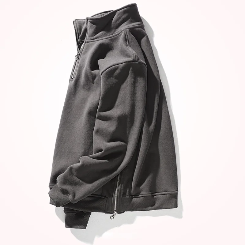 Half-zip High-necked Austrian Fleece Sweater Men's Autumn and Winter Japanese Vintage Solid Collar Loose and Versatile Sports