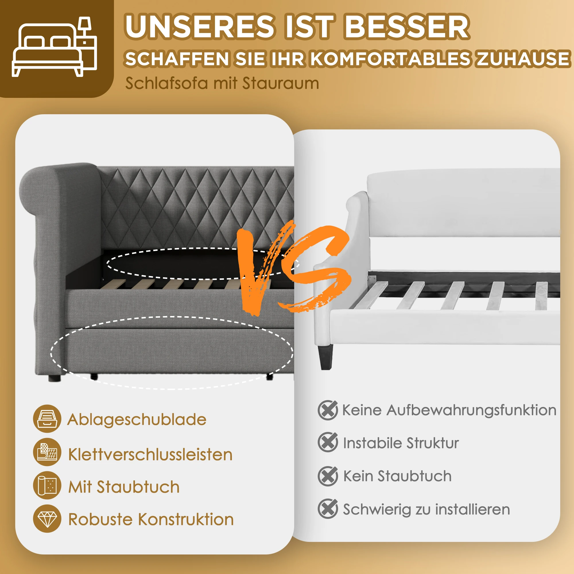 KOMHTOM Vintage Polsterbett Sofabett Tagesbett 90x200 cm, 2 Stauraum-Schubladen, Holz-Lattenrost, Linen-Material, ohne Matratze – Detail 5