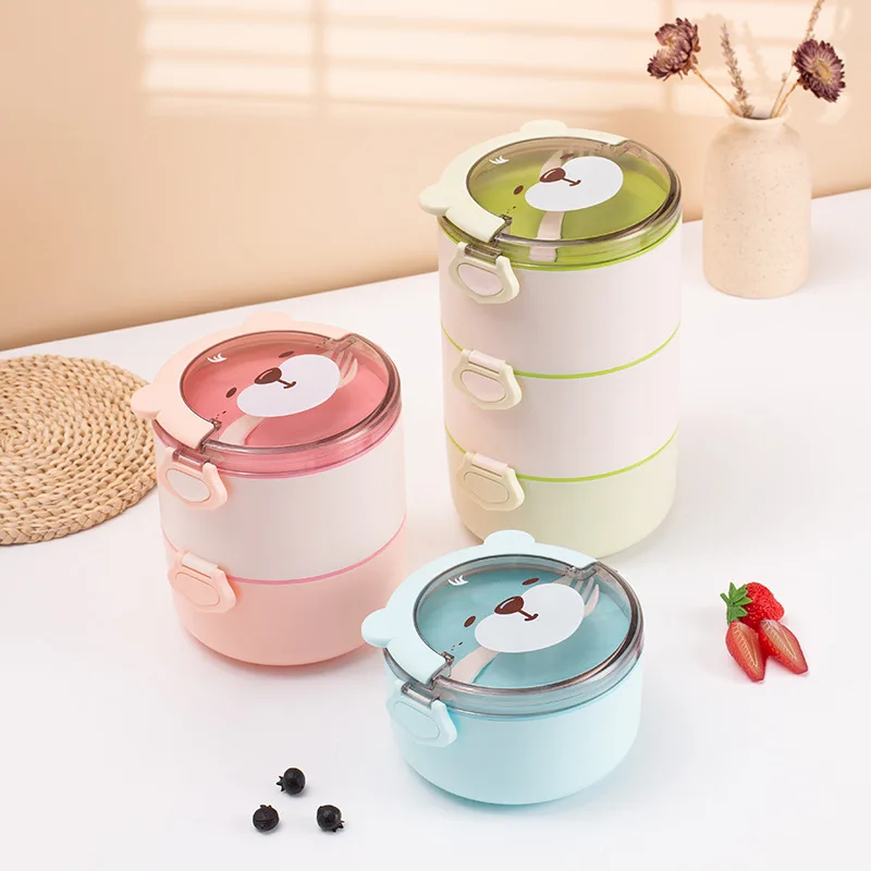 

Round Cartoon Lunch Box Portable Bento Box with Spoon Portable Multi-Layer Student Lunch Box Microwave Food Storage Container