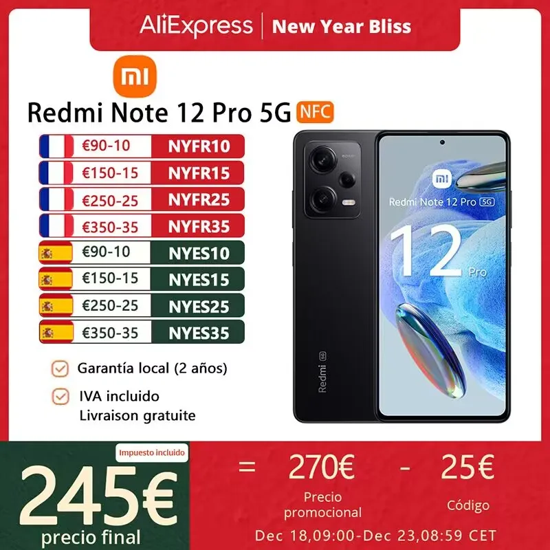 Xiaomi Redmi Note 12 Pro 5G,Teléfonos inteligentes，NFC，MediaTek Dimensity 1080，6,67″  AMOLED de 120 Hz，Batería de 5000 mAh，67W,Cámara triple de 50 MP，Edición Global