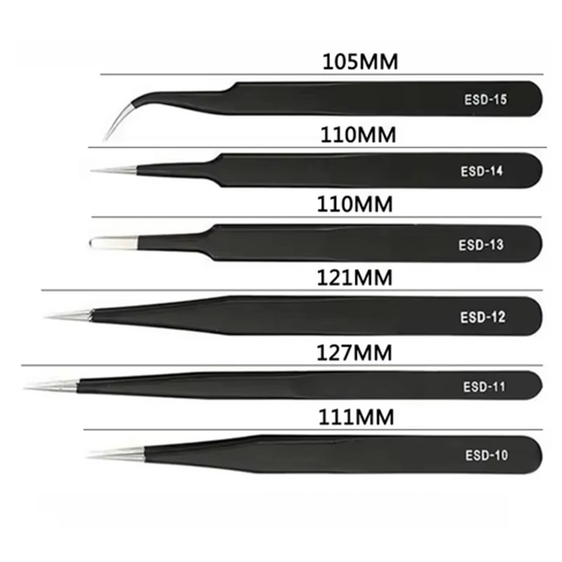 6Pcs Anti-static Stainless Steel Tweezers Maintenance Tool Industrial Precision Curved Straight Tweezers Repair Tools Set