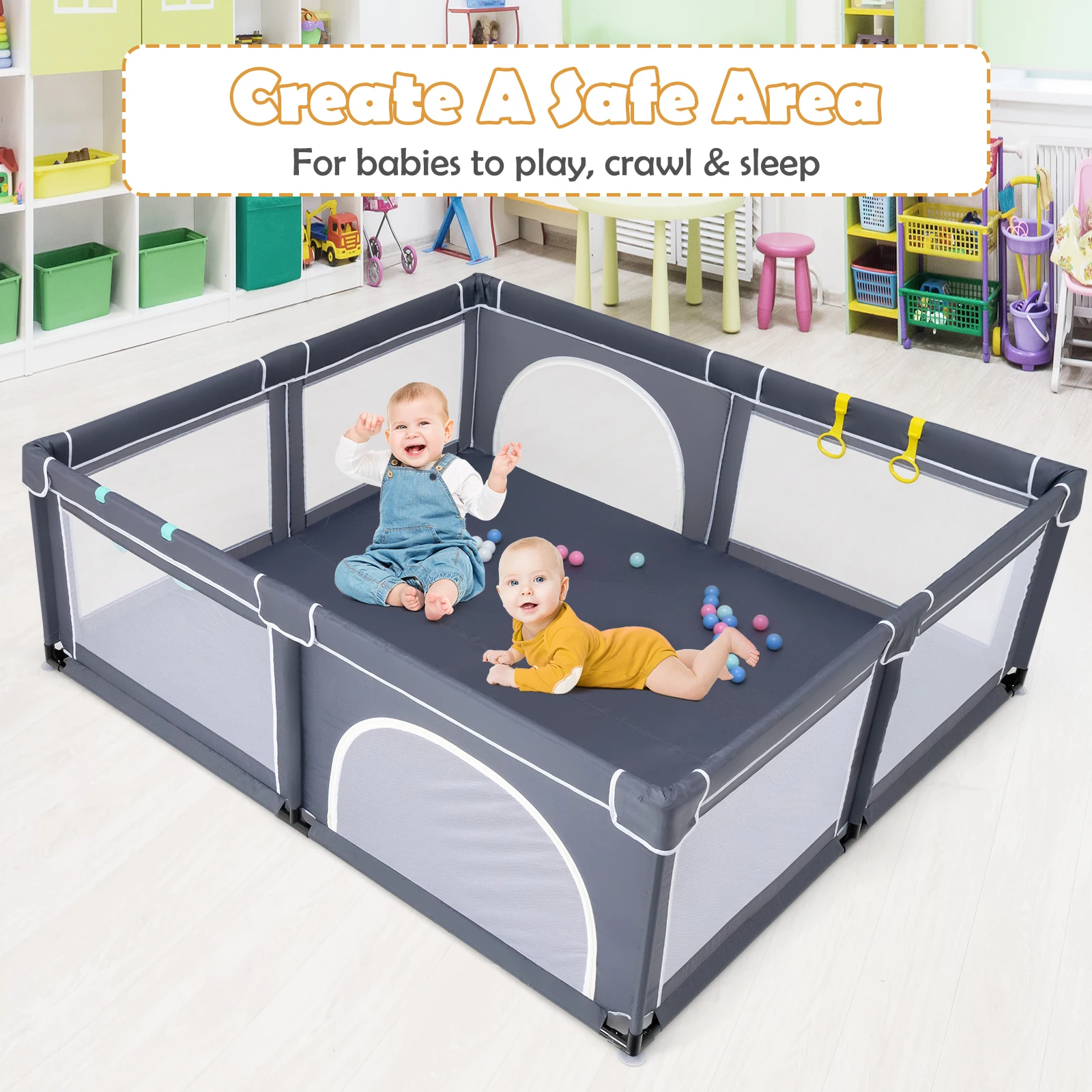 Extra Large Baby Playpen Safety Baby Play Yard w/50 Ocean Balls & 4 Handles 2