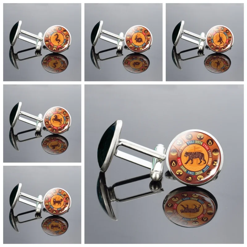 

12 Zodiac Cufflinks for Men Suit Shirt Constellation Glass Dome Jewelry Fashion Accessories Cuff Links Buttons Cufflinks