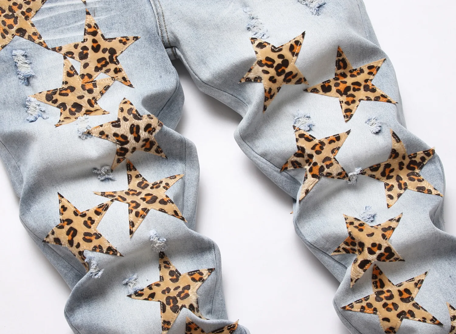 Europe and the United States embroidery ripped jeans men AM fashion brand star leopard print stretch slim pants