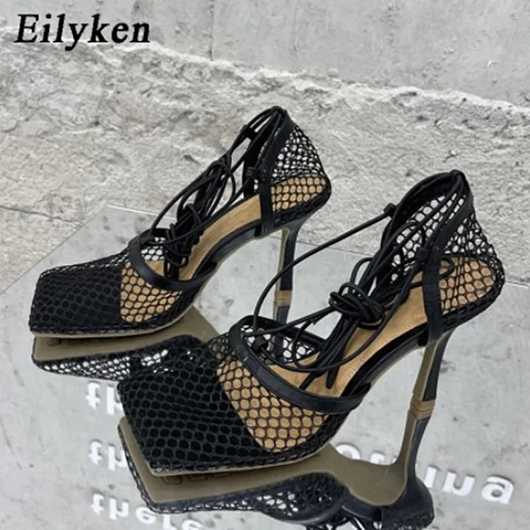 2024 Modische Sandalen, atmungsaktive Mesh-Schnürschuhe für Damen mit quadratischem Kopf, sexy, verführerische Mesh-High-Heels für Damen, Sandalen – Detail 2